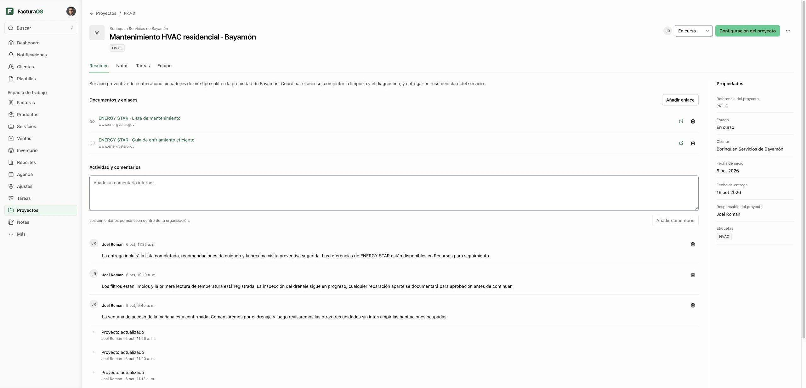 Resumen de un proyecto de FacturaOS con cliente, gerente, fechas, recursos y comentarios internos.